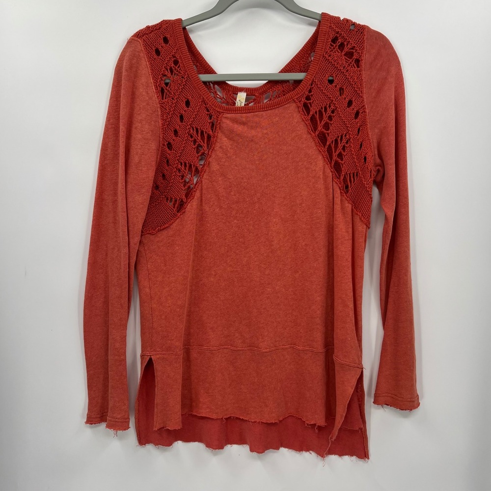 Free‎ People Lace Up Back Sweater Coral Orange Knit Crochet Size Small